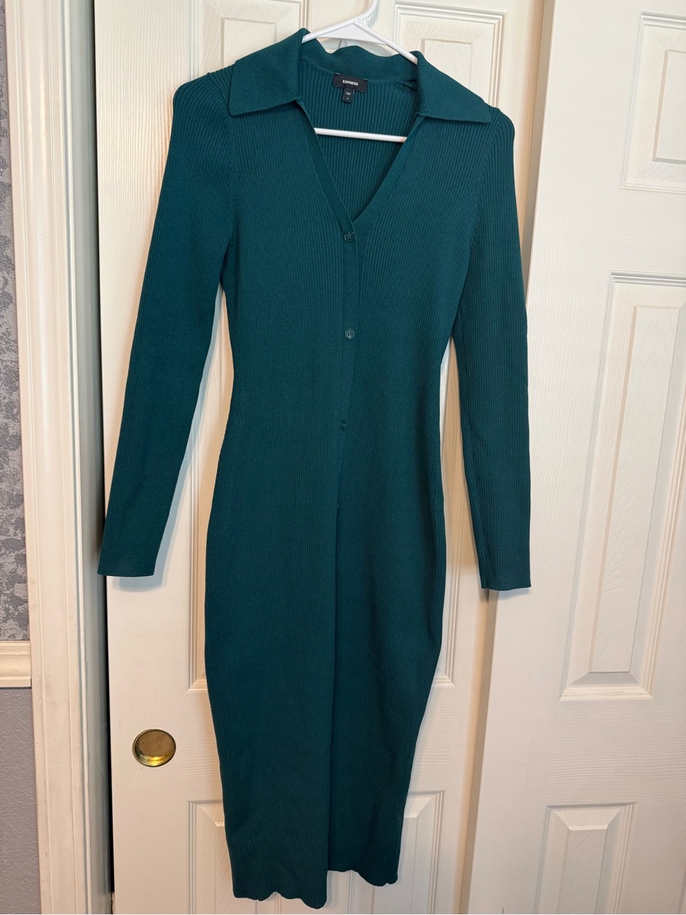 Express Teal Long-Sleeve Ribbed Collared Midi Dress